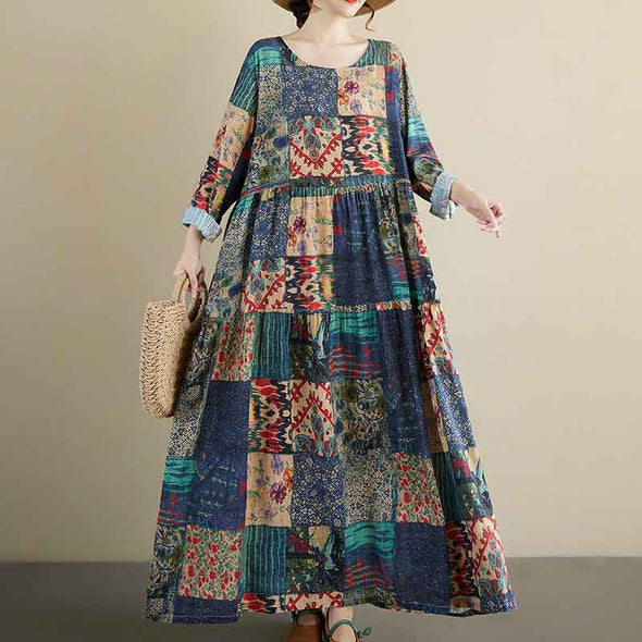 エスニック風　長袖　ロングマキシ丈　Ａライン　ワンピース　秋新作