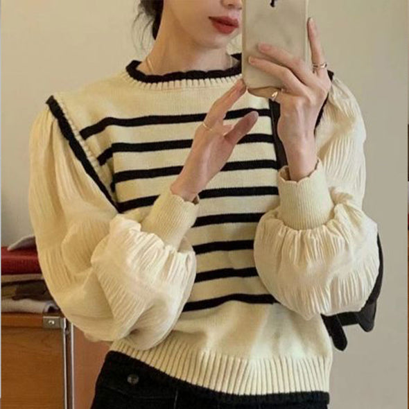 韓国ファッション　レイヤード風　切替　ストライプ柄　ニットセーター