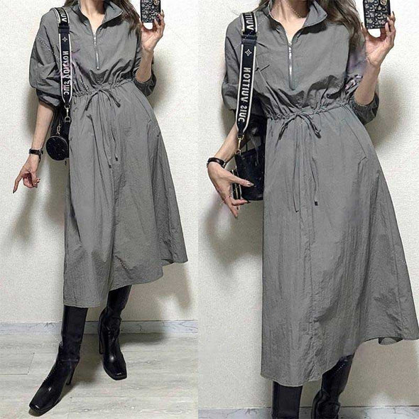 シンプルカジュアル　ロング　ウエストリボン　調節可能　ロングワンピース　秋　冬　