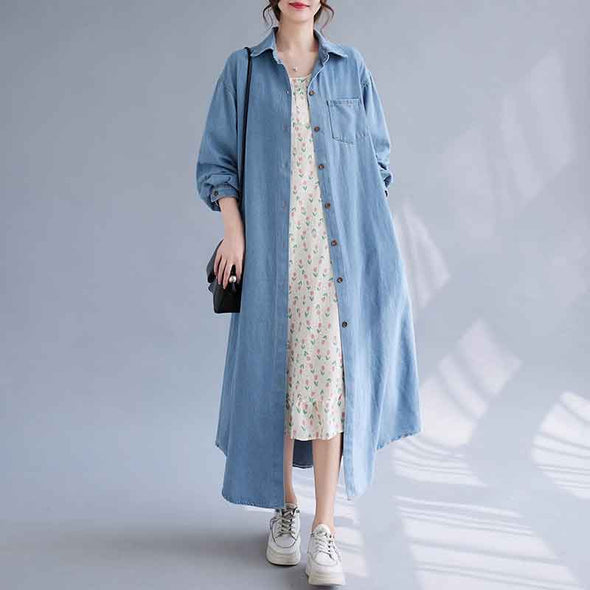 秋コーデ　薄手デニムロングアウター　羽織　ロング丈　