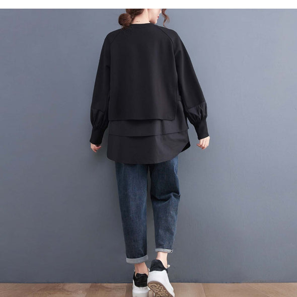 【L.XL】韓国ファッション　切替　ゆるシルエット　レイヤード風　シャツ風トレーナー