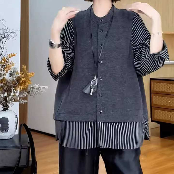 切り替え　カジュアル　抜け感　長袖　レイヤード風　シャツ風