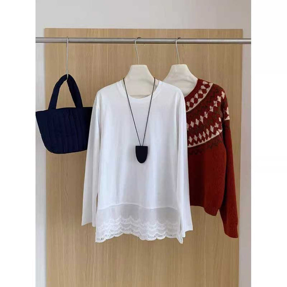 韓国ファッション　切り替え　レース　長袖　Ｔシャツ　かわいい