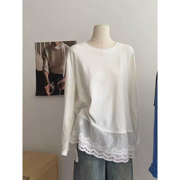 韓国ファッション　切り替え　レース　長袖　Ｔシャツ　かわいい