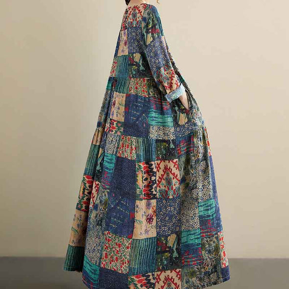 エスニック風　長袖　ロングマキシ丈　Ａライン　ワンピース　秋新作