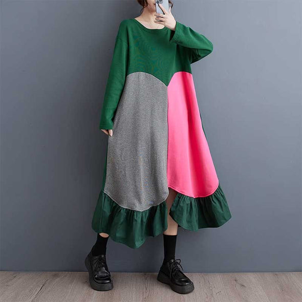 韓国ファッション　フレア裾　秋冬　ロングワンピース