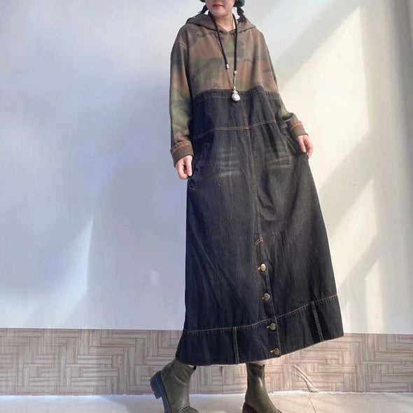 韓国ファッション　ヒョウ柄　迷彩柄　フード付き　特徴のあるデザイン　ロングデニムワンピース