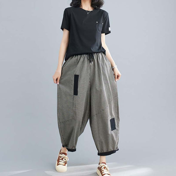 韓国ファッション　チェック柄　ワイド風　9分丈　かわいいパンツ