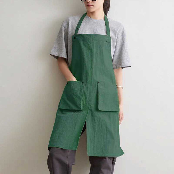 ナチュラル感　無地　スリット入り　動きやすい　エプロン　カフェ風