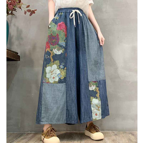 ボタニカル　楽ちん　柔らかデニム素材　ワイド風デニムパンツ