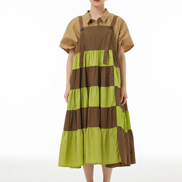 韓国ファッション　サロペット風ワンピース　切替配色　ジャンパースカート