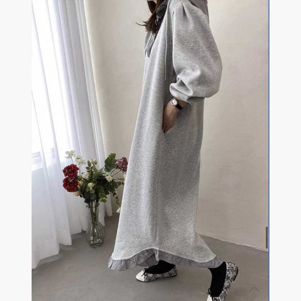 韓国ファッション　シンプルカジュアル　フレア裾　パーカー風ワンピース