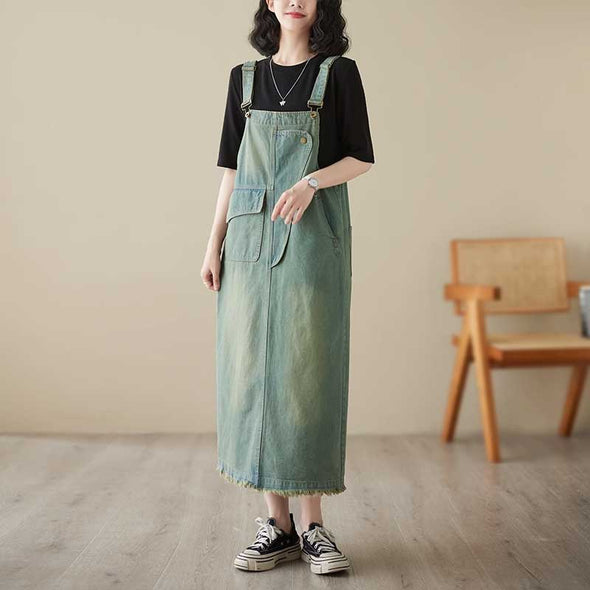 韓国ファッション　デニムワンピース　サロペットワンピース