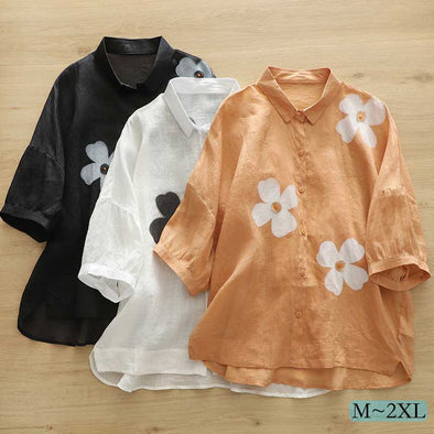 【M~2XL】花柄　かわいいレディースシャツ　テールカット　綿麻　薄手生地　夏シャツ