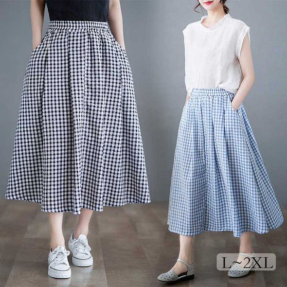 韓国ファッション　エレガント　Aライン　チェック柄　かわいい　夏スカート