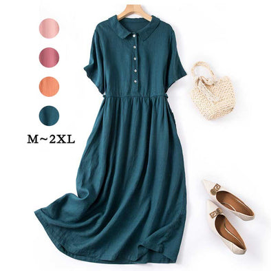 【M~2XL】シンプル　無地　綿麻　カジュアル系　夏ワンピース