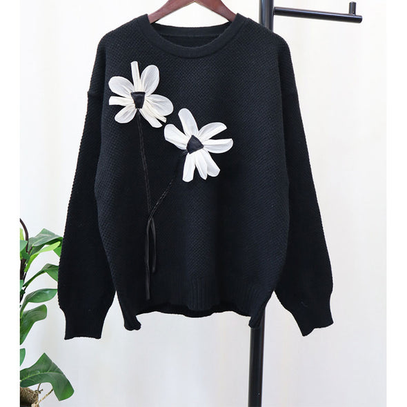 韓国ファッション　花模様　ニットセーター　ストライプ　秋冬コーデ