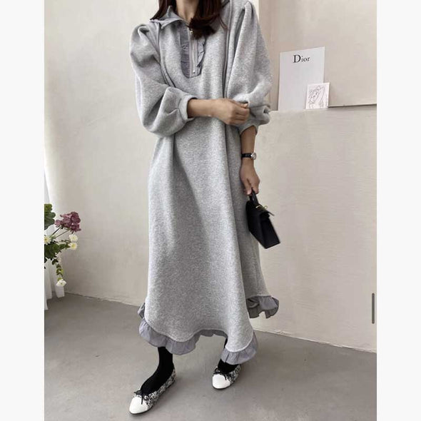 韓国ファッション　シンプルカジュアル　フレア裾　パーカー風ワンピース