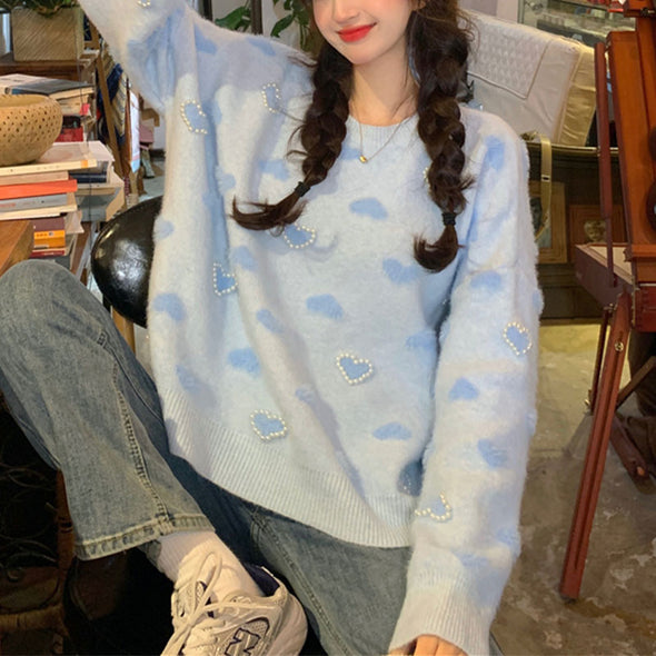 韓国ファッション　ハート模様　かわいい　ビーズ入り　ニットセーター