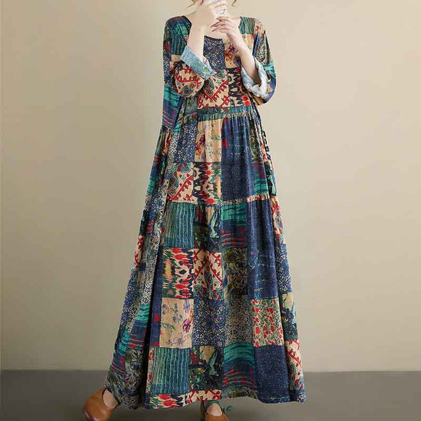 エスニック風　長袖　ロングマキシ丈　Ａライン　ワンピース　秋新作