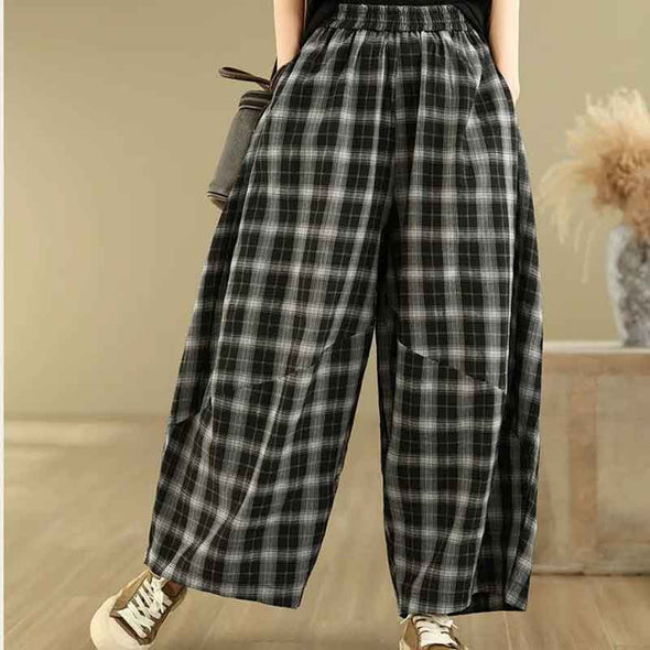 カジュアル　チェック柄　ワイド風　楽ちん　夏　パンツ