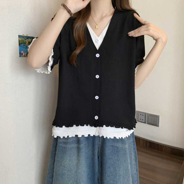 韓国ファッション　レイヤード風　ニットTシャツ　おしゃれTシャツ