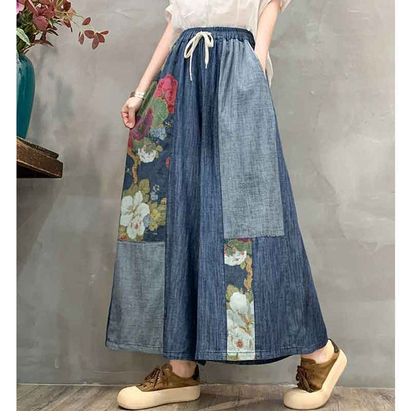 ボタニカル　楽ちん　柔らかデニム素材　ワイド風デニムパンツ