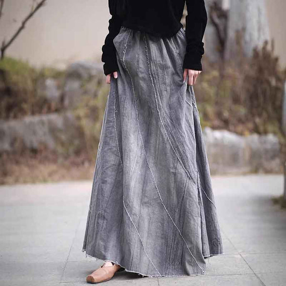 大人カジュアル　ロングマキシ丈　デニム風合　スカート　おしゃれ　かわいい　綿麻　スカート