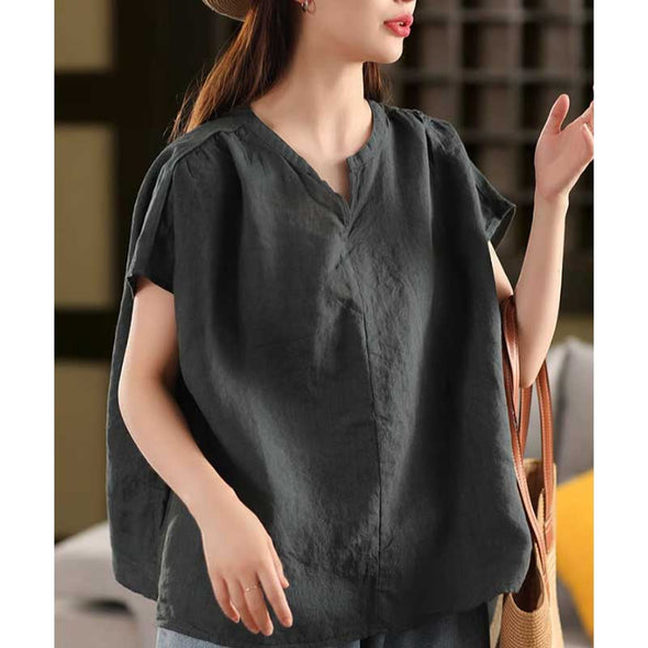 大人かわいい　綿麻　夏　スリットネック　シャツ