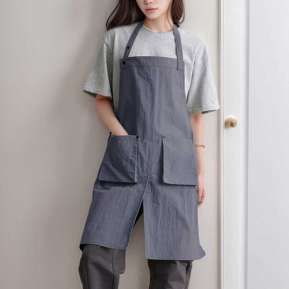 ナチュラル感　無地　スリット入り　動きやすい　エプロン　カフェ風