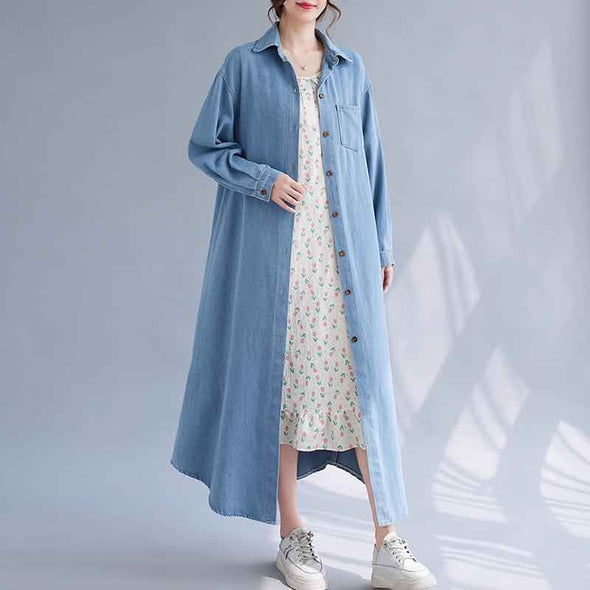 秋コーデ　薄手デニムロングアウター　羽織　ロング丈　