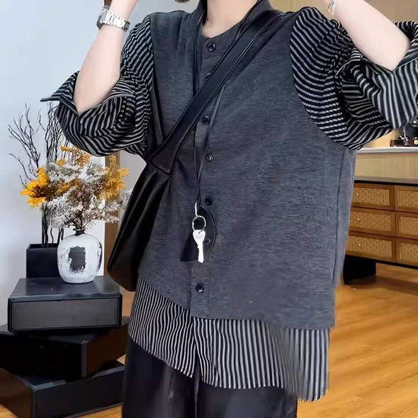 切り替え　カジュアル　抜け感　長袖　レイヤード風　シャツ風