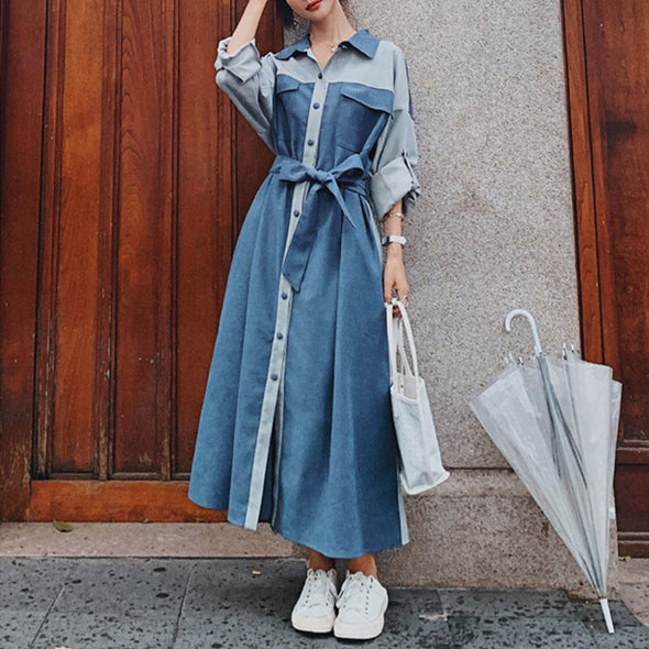 【S~XL】韓国ファッション　切替　ウエストリボン　Aライン　シャツ風ワンピース