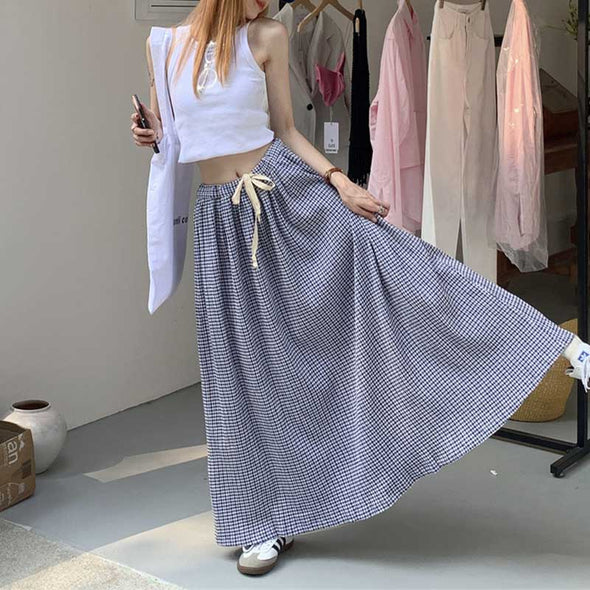 韓国ファッション　かわいい　マキシスカート　チェック柄　Aライン　ロング丈　夏スカート