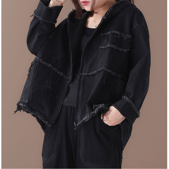 韓国ファッション　ダメージ　デニムジャケット　　フード付きアウター