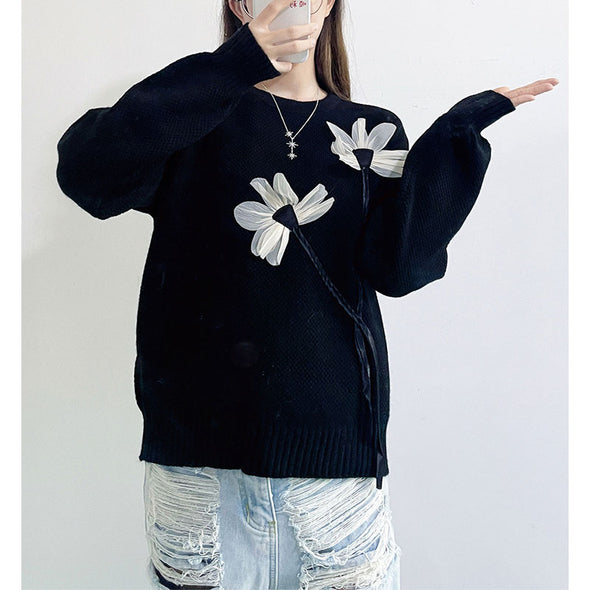 韓国ファッション　花模様　ニットセーター　ストライプ　秋冬コーデ