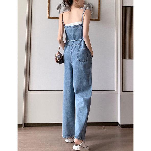 【S~XL】韓国ファッション　ハイウエスト　ウエスト飾りリボン　デニムサロペットパンツ