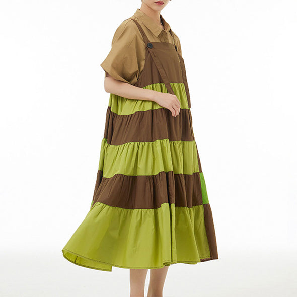 韓国ファッション　サロペット風ワンピース　切替配色　ジャンパースカート