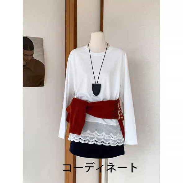 韓国ファッション　切り替え　レース　長袖　Ｔシャツ　かわいい