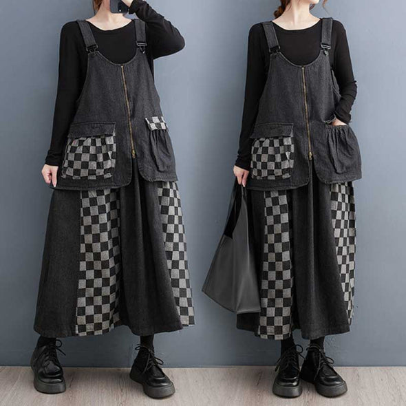 韓国ファッション　レイヤード風　切替　チェック柄　デニムジャンパースカート