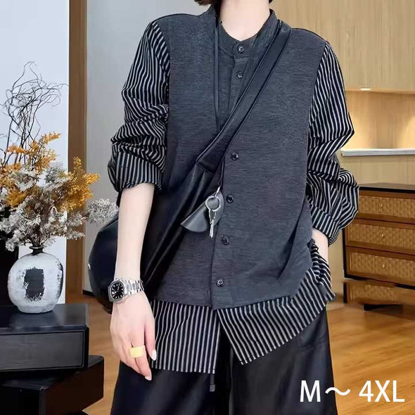 切り替え　カジュアル　抜け感　長袖　レイヤード風　シャツ風