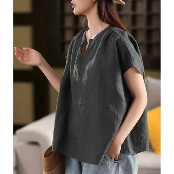 大人かわいい　綿麻　夏　スリットネック　シャツ