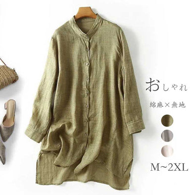 【S~XL】リネン生地　レトロ　ゆったりサイズ　長袖　シャツ