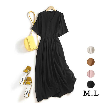 【M.L】シンプル　無地シャツワンピース　Vネック　カジュアル系　ワンピース