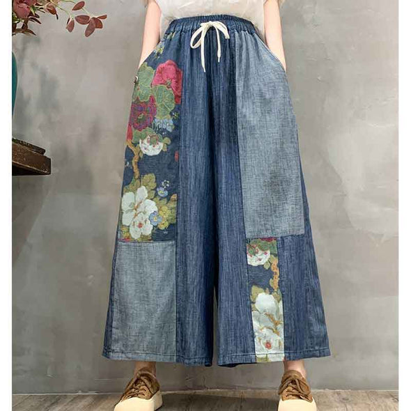 ボタニカル　楽ちん　柔らかデニム素材　ワイド風デニムパンツ