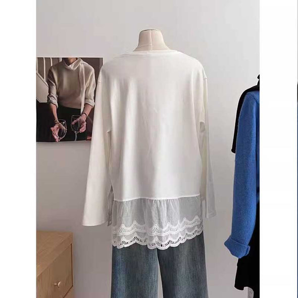 韓国ファッション　切り替え　レース　長袖　Ｔシャツ　かわいい