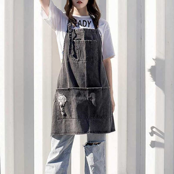 人気デニムエプロン　ダメージ入り　かわいい　おしゃれ　デニムエプロン　丈夫