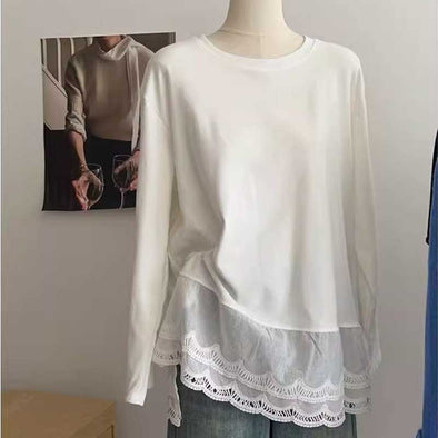 韓国ファッション　切り替え　レース　長袖　Ｔシャツ　かわいい