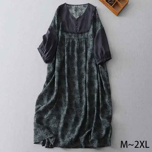 大人かわいい　切り替え　Vネック　楽ちん　ロングワンピース