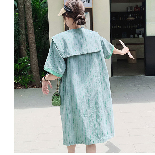 【S~XL】韓国ファッション　ストライプ柄　フリルネック　デニムワンピース